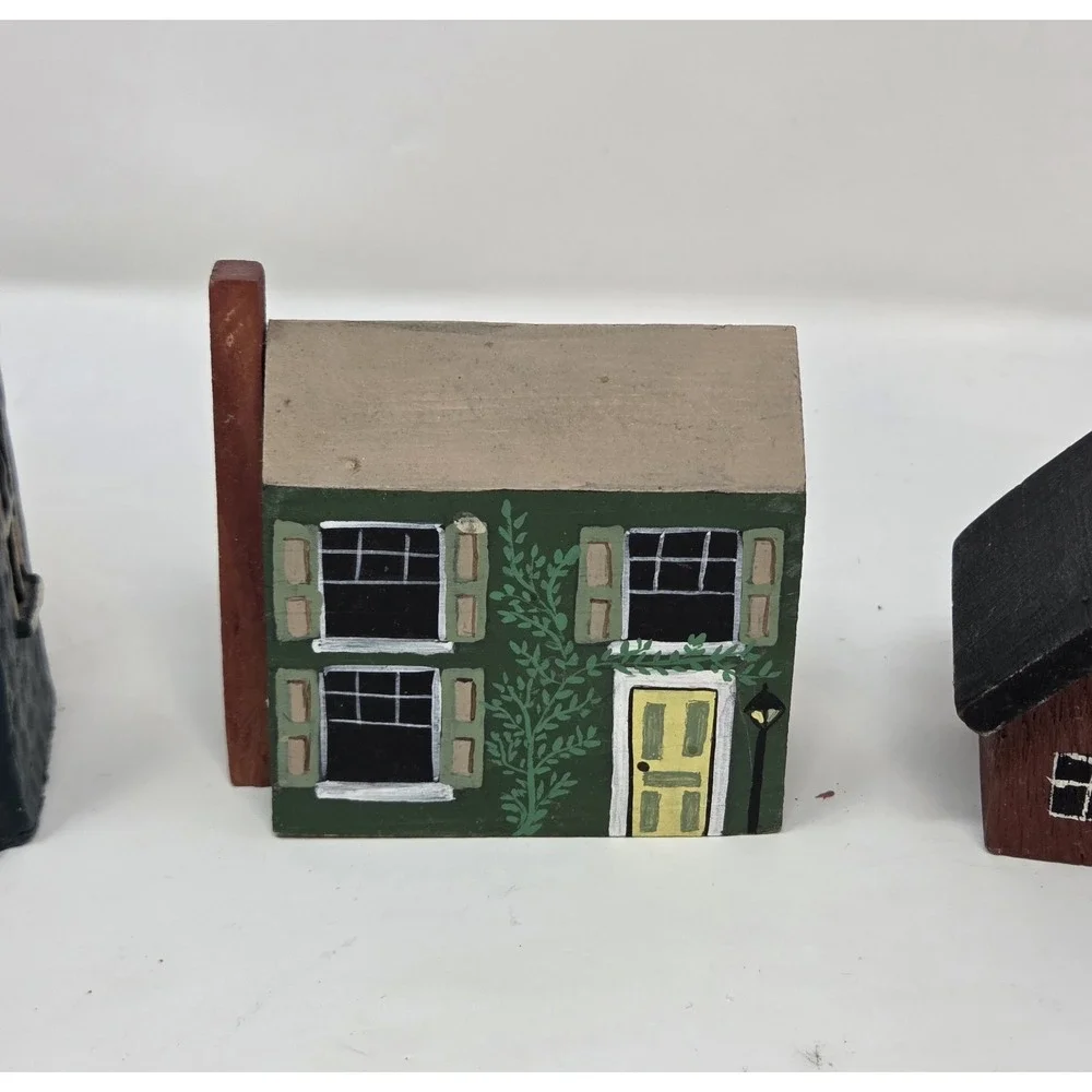 Primitive Folk Art Wooden Village Houses Set of 4 Handpainted Church Barn